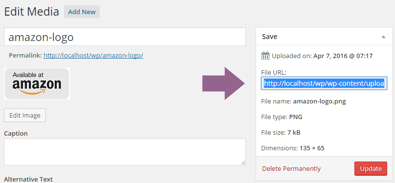 Copying the file URL for the Amazon logo