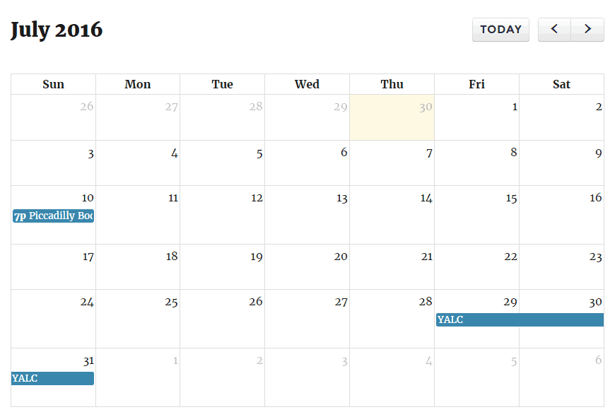 Calendar of events
