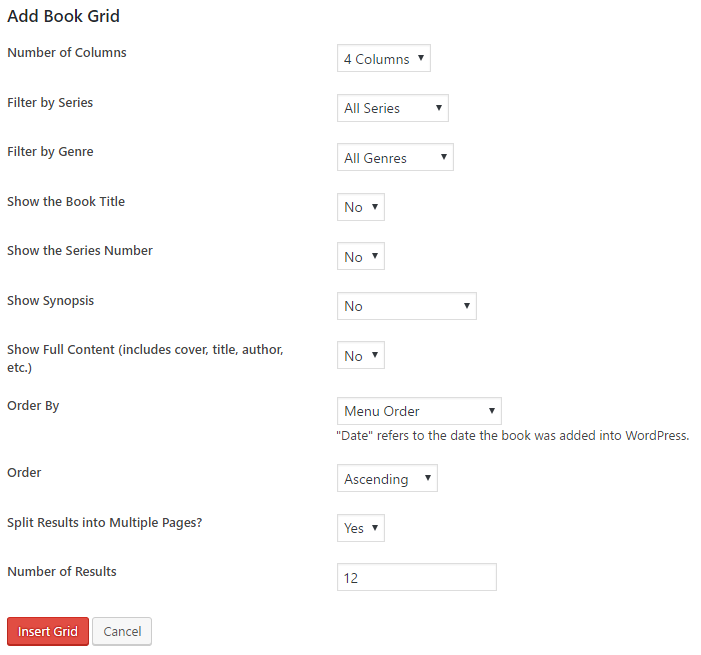 Settings for adding a book grid