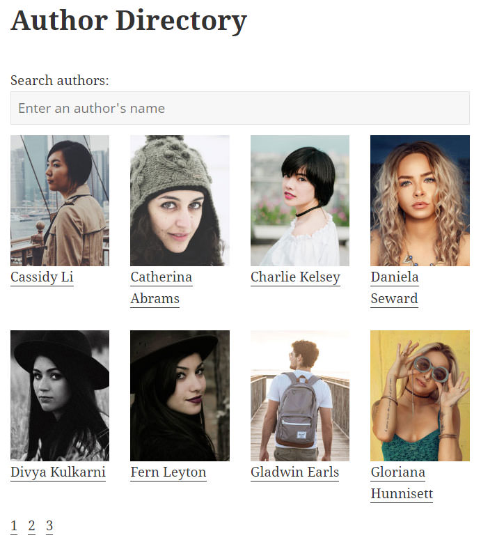 Paginated author directory grid