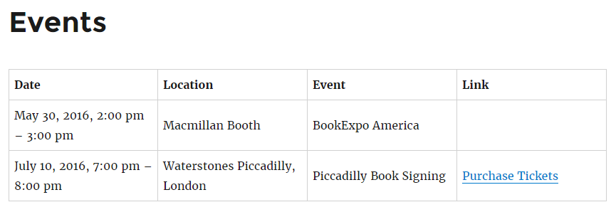 Displaying a table of events