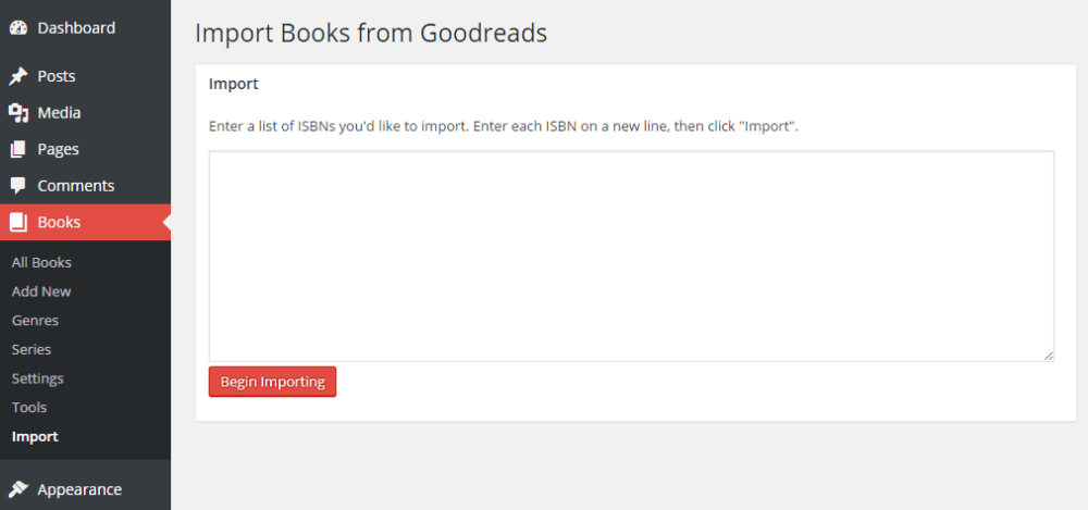 Form for importing books from Goodreads