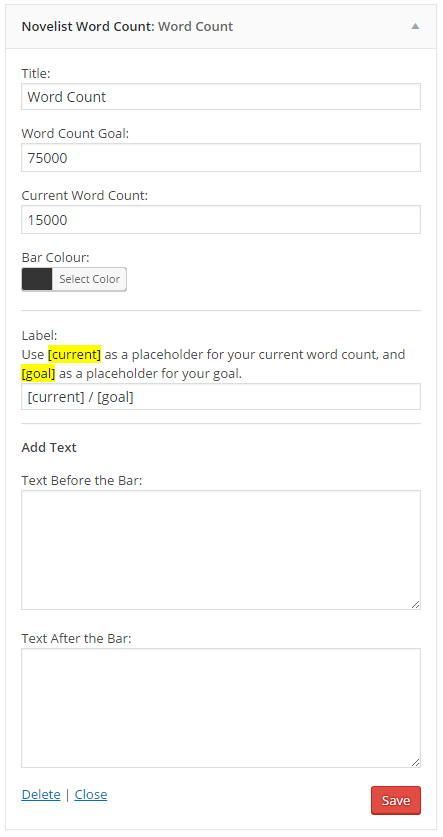 Word count widget settings