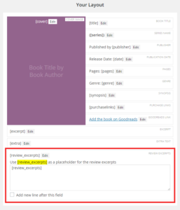 Review Excerpts block in the Book Layout settings
